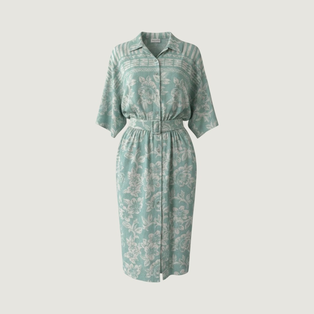 Together! Vintage 90s Rayon Tropical Floral Belted Midi Shirt Dress Seafoam 12‎